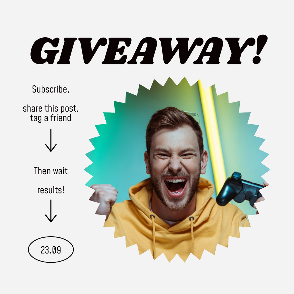 Designvorlage Gaming Giveaway Announcement with Cheerful Gamer für Instagram