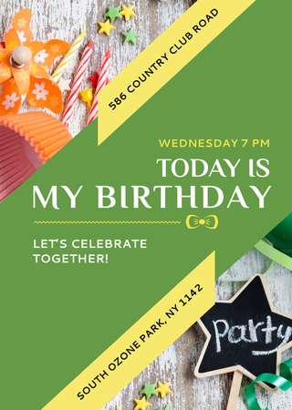Ontwerpsjabloon van Flyer A6 van Uitnodiging voor verjaardagsfeestje met strikken en linten