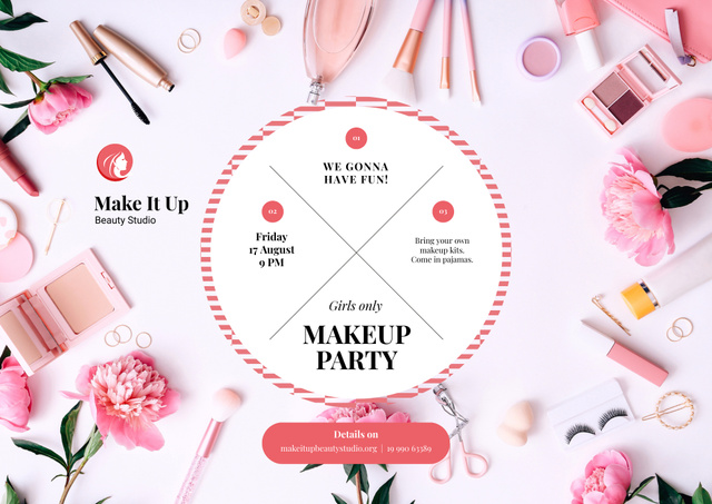 Ontwerpsjabloon van Poster B2 Horizontal van Makeup Party Invitation with Cosmetics