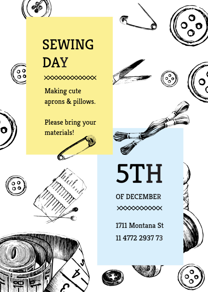 Designvorlage Sewing day event with needlework tools für Invitation
