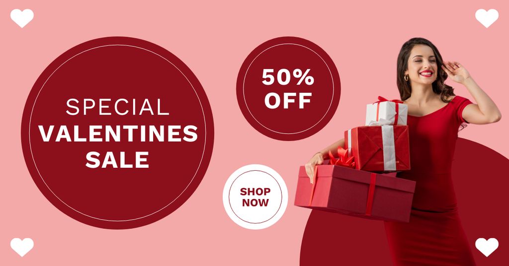 Valentine's Day Sale Announcement with Woman in Red Facebook AD tervezősablon