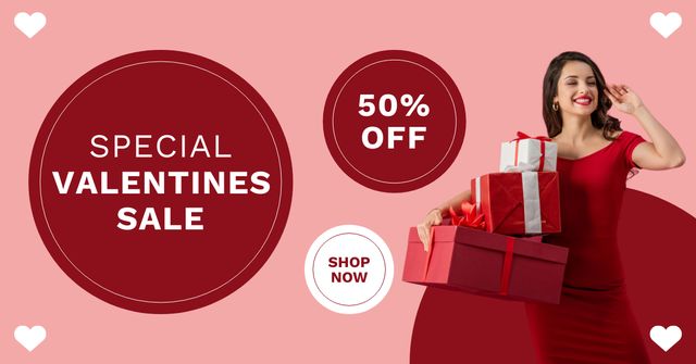 Valentine's Day Sale Announcement with Woman in Red Facebook AD – шаблон для дизайна