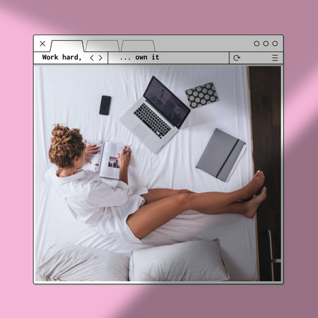 Woman in Bed with Laptop and Notebook Instagramデザインテンプレート