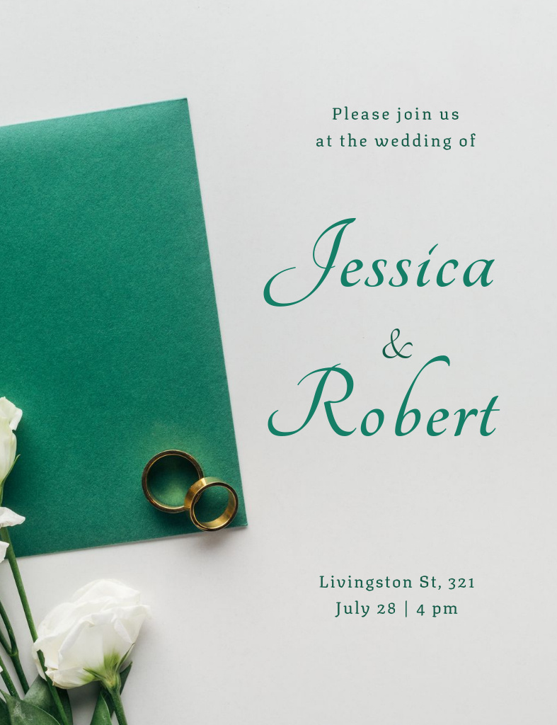 Platilla de diseño Wedding Announcement with Engagement Rings on Green Invitation 13.9x10.7cm