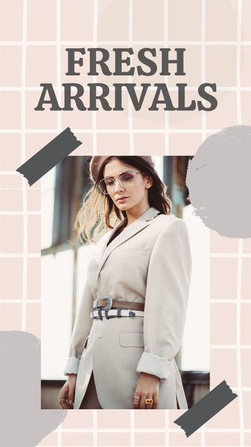 Female Fashion Clothes Ad with Fresh Arrivals Instagram Story Πρότυπο σχεδίασης