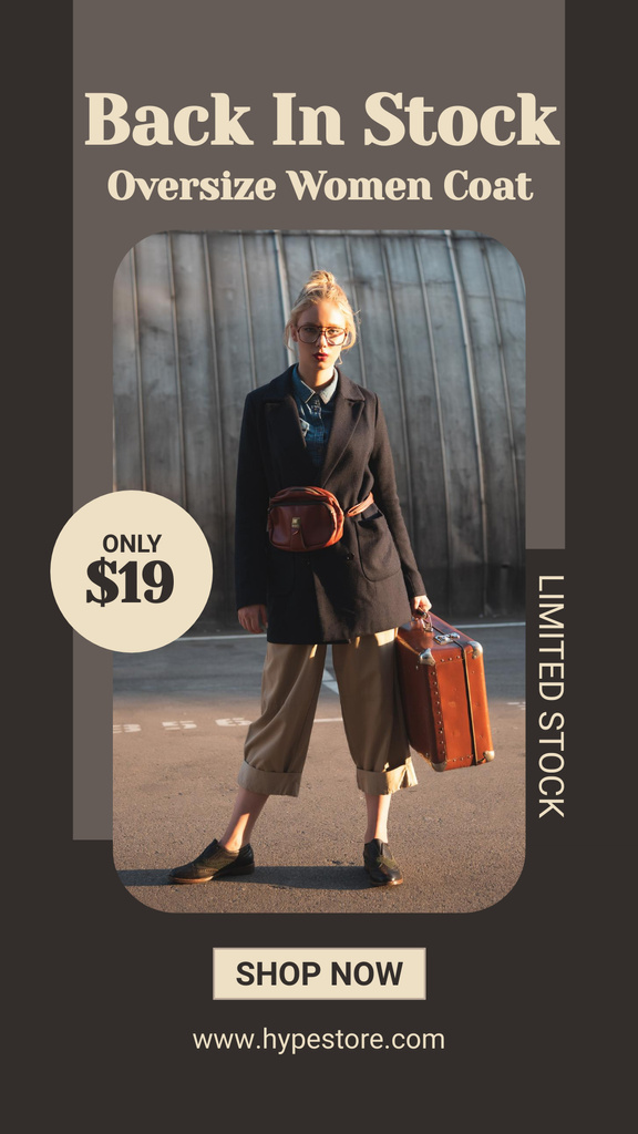 Oversize Women Coat Ad with Business Lady Instagram Story Modelo de Design
