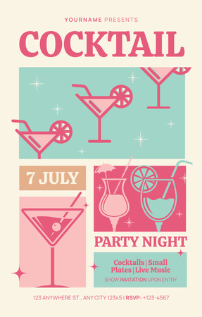 Cocktails Party Ad on Blue and Pink Invitation 4.6x7.2in Design Template