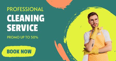 Professional Cleaning Service Offer with a Man in Uniform Facebook AD Design Template
