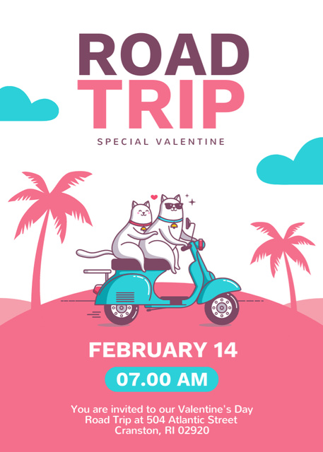 Valentine's Day Travel Offer with Cute Cats on a Scooter Invitation Šablona návrhu