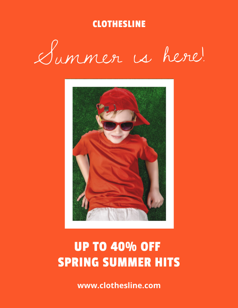 Discount on Summer Clothes for Kids on Orange Poster 8.5x11in Design Template