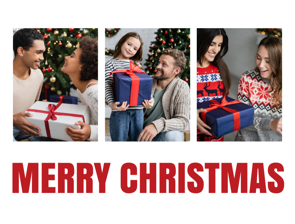 Ontwerpsjabloon van Postcard 4.2x5.5in van Happy Families Celebrating Christmas With Presents