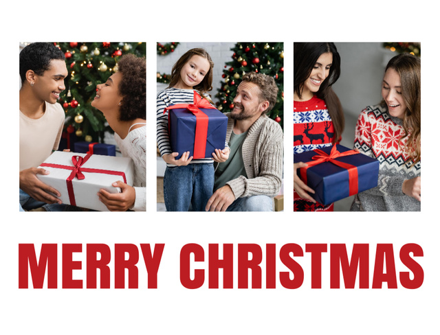 Plantilla de diseño de Happy Families Celebrating Christmas With Presents Postcard 4.2x5.5in 