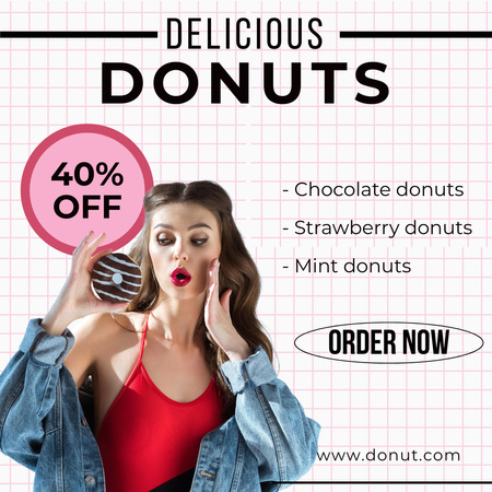 Delicious Donats Sale Offer with Young Lady Looking at Pastry Instagram Design Template