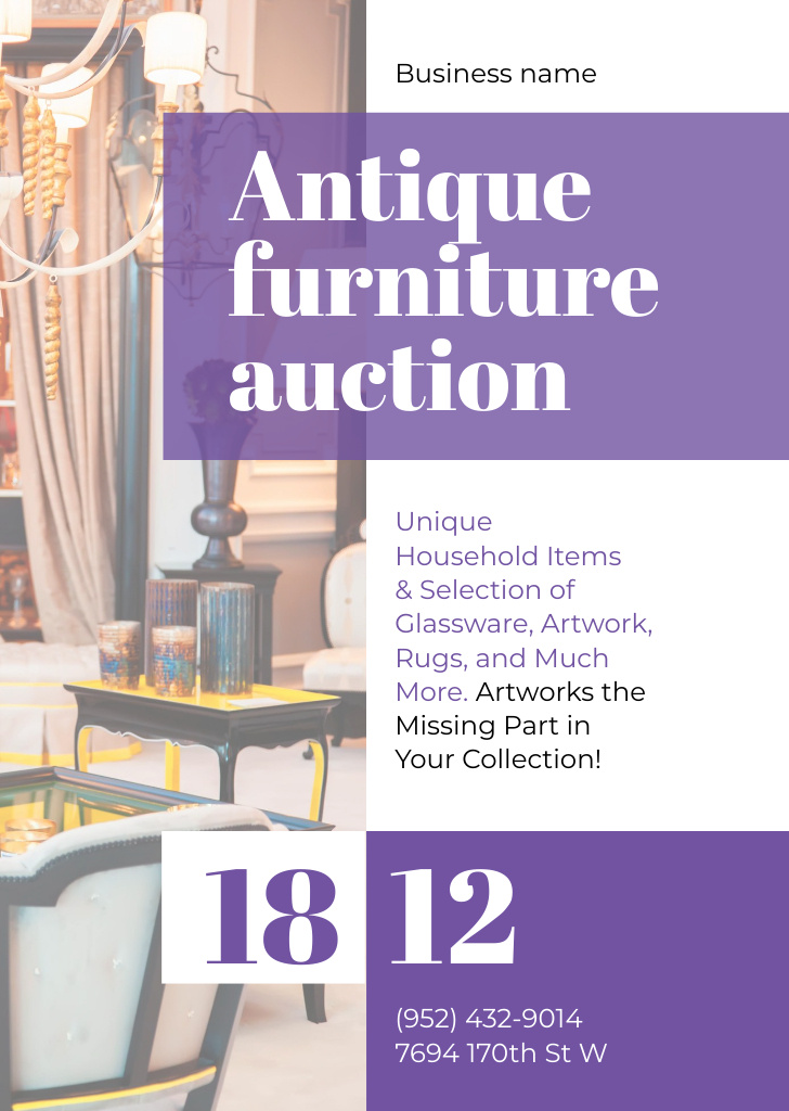 Antique Furniture Auction Event with Vintage Wooden Decor on Purple Flyer A6 Design Template