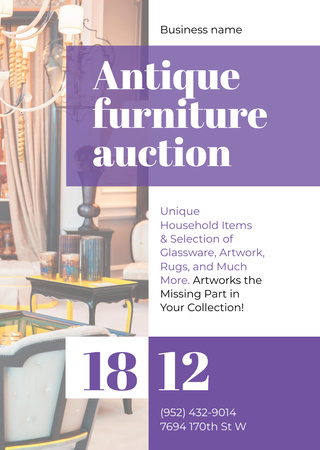 Antique Furniture Auction Event with Vintage Wooden Decor on Purple Flyer A6 Šablona návrhu