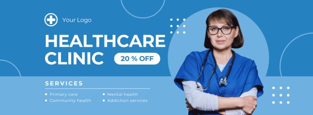Healthcare Clinic Services with Woman Doctor Facebook coverデザインテンプレート