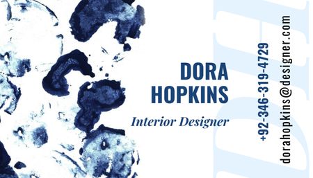 Interior Designer Contacts with Ink Blots in Blue Business Card US Design Template
