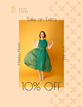 Platilla de diseño Clothes Shop Happy Hour Offer Woman in Green Dress Flyer 8.5x11in