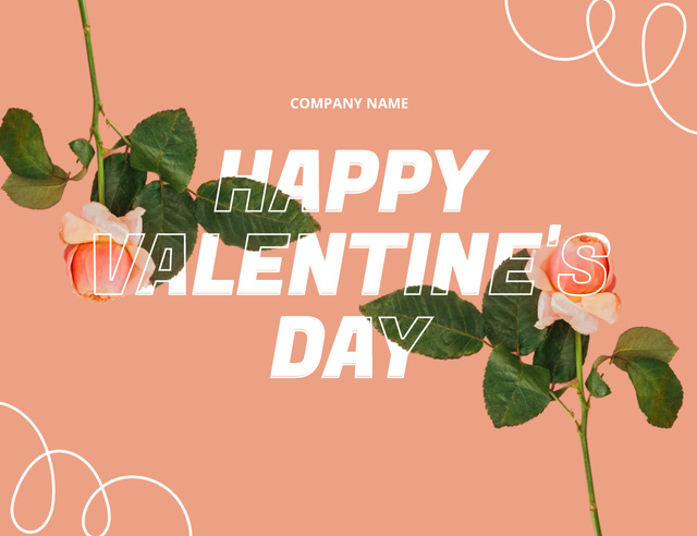 Happy Valentine's Day Greeting with Roses on Peach Thank You Card 5.5x4in Horizontal Šablona návrhu
