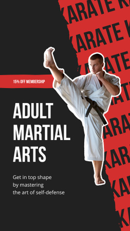 Anúncio de curso de artes marciais para adultos com homem de uniforme Instagram Story Modelo de Design