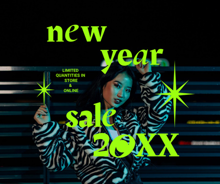 Designvorlage New Year Sale Announcement with Stylish Girl für Facebook