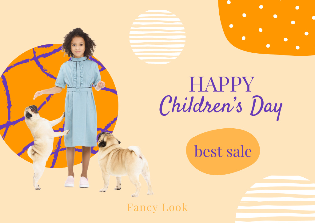 Children's Day Offer with Cute Girl with Dogs Card Πρότυπο σχεδίασης