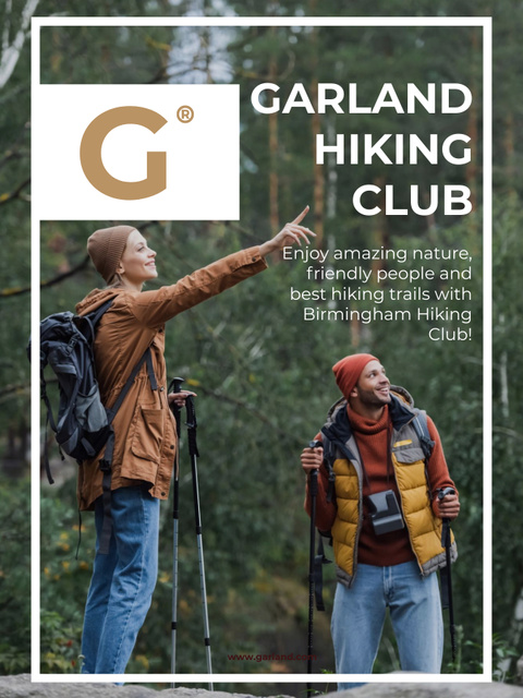 Hiking Club Ad with Young Tourists Poster US Tasarım Şablonu
