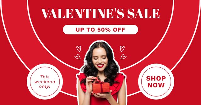 Modèle de visuel Valentine's Day Discount Offer with Attractive Brunette in Red - Facebook AD