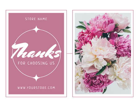 Kiitosviesti kauniilla vaaleanpunaisilla pioneilla Thank You Card 5.5x4in Horizontal Design Template