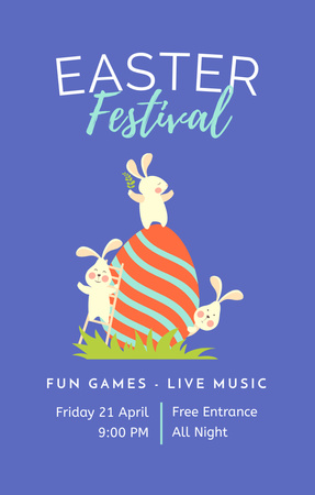 Easter Festival Ad with Cute Bunnies and Colored Egg Invitation 4.6x7.2in Design Template