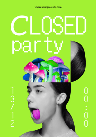 Anúncio de festa com cogumelos brilhantes na cabeça de mulher Poster 28x40in Modelo de Design