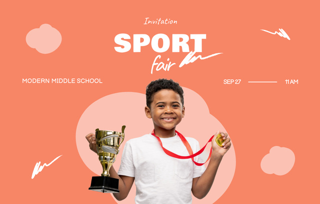 Sport Fair Offer with Cute Boy Invitation 4.6x7.2in Horizontal Modelo de Design