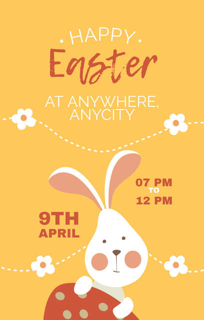 Szablon projektu Easter Celebration Announcement with Cute Rabbit Holding Dyed Egg Invitation 4.6x7.2in