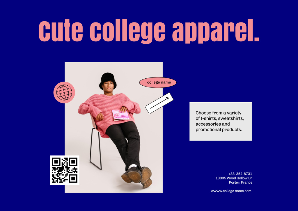 Cute College Apparel and Merchandise Offer with Guy in Pink Poster B2 Horizontal Design Template