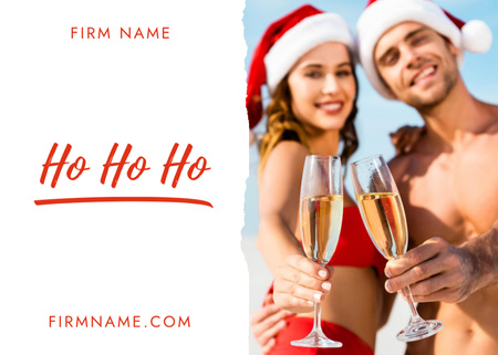 Young Couple in Santa Claus Hats Showing Glasses of Champagne Postcard 5x7in Design Template