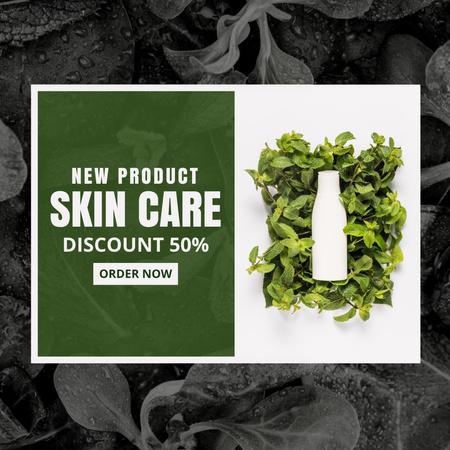 Skincare Product Sale Ad with Bottle in Leaves Instagram Design Template