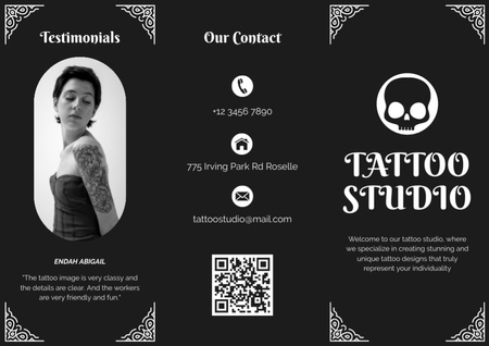 Plantilla de diseño de Promoción de estudio de tatuajes con testimonio Brochure 