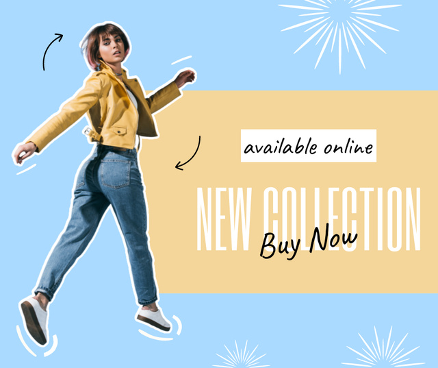 New Collection Announcement with Yellow Jacket And Jeans Facebook Πρότυπο σχεδίασης