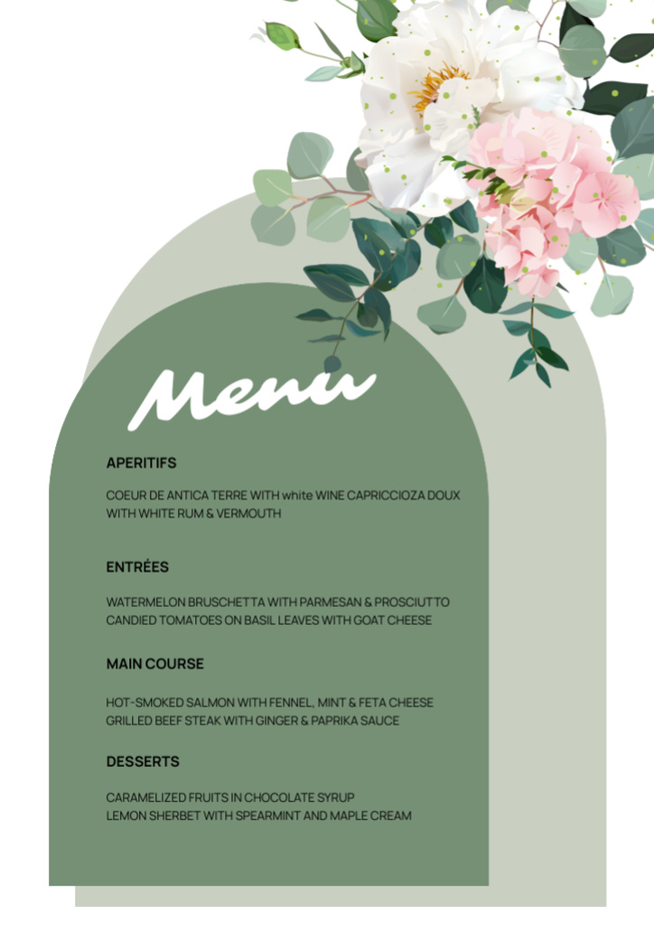 Simple Wedding Dishes List with Roses on Green Menu Modelo de Design
