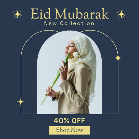 Discount on New Collection for Eid Mubarak with Beautiful Muslim Woman Instagram Design Template