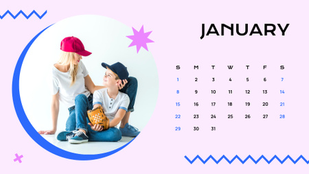 Семьи играют в спортивные игры на розовом и синем Calendar – шаблон для дизайна