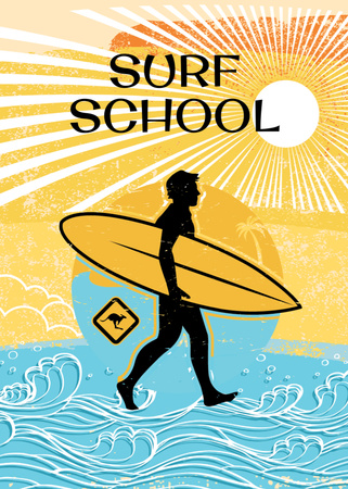 Designvorlage Anzeige einer Surfschule mit Illustration für Postcard 5x7in Vertical