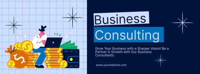 Business Consulting Services with Illustration of Man and Golden Coins Facebook cover Tasarım Şablonu