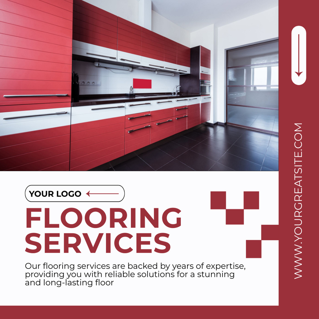 Designvorlage Flooring Services Offer with Stylish Red Kitchen Interior für Instagram