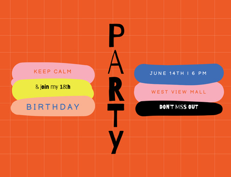 Birthday Party Announcement With Colorful Blots Invitation 13.9x10.7cm Horizontal Design Template