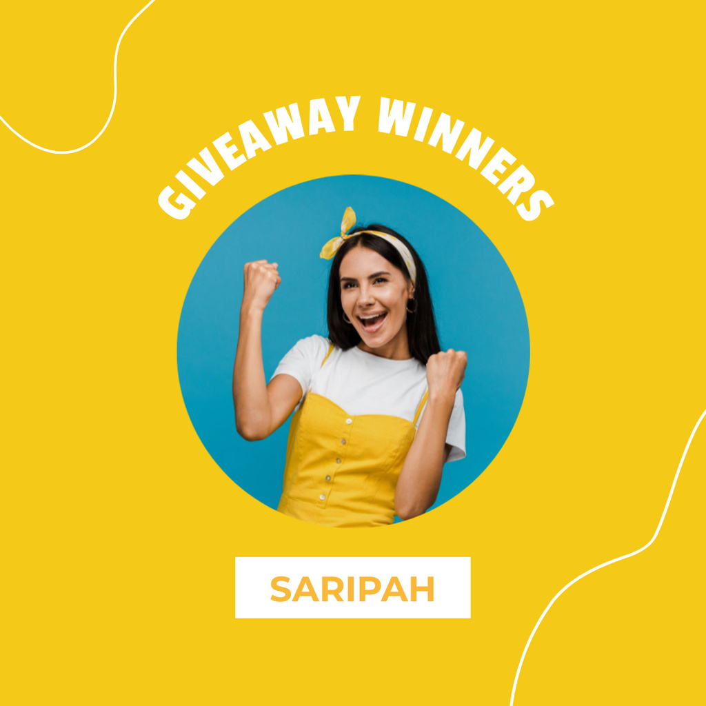 Giveaway Ad with Happy Woman in Yellow Instagram tervezősablon