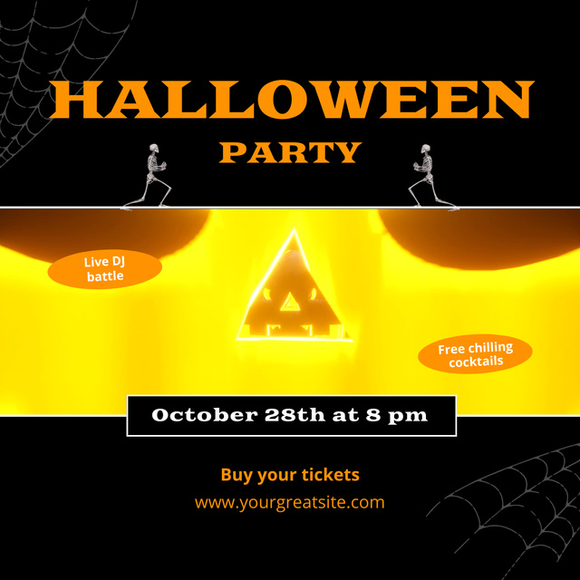 Plantilla de diseño de Halloween Party With Dancing Skeletons And Jack-o'-lantern Animated Post 