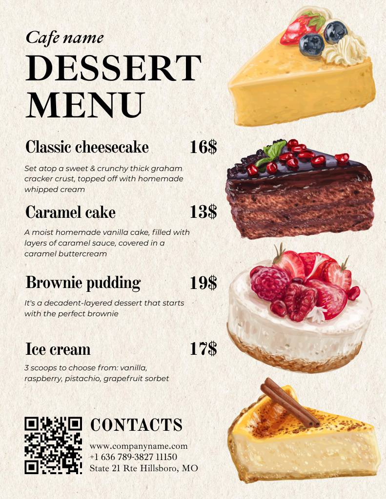 Collage of Tasty Desserts With Description Menu 8.5x11in Design Template
