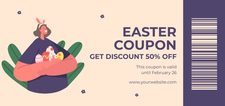 Easter Discount Offer with Smiling Woman Holding Colored Easter Eggs Coupon Din Large Tasarım Şablonu