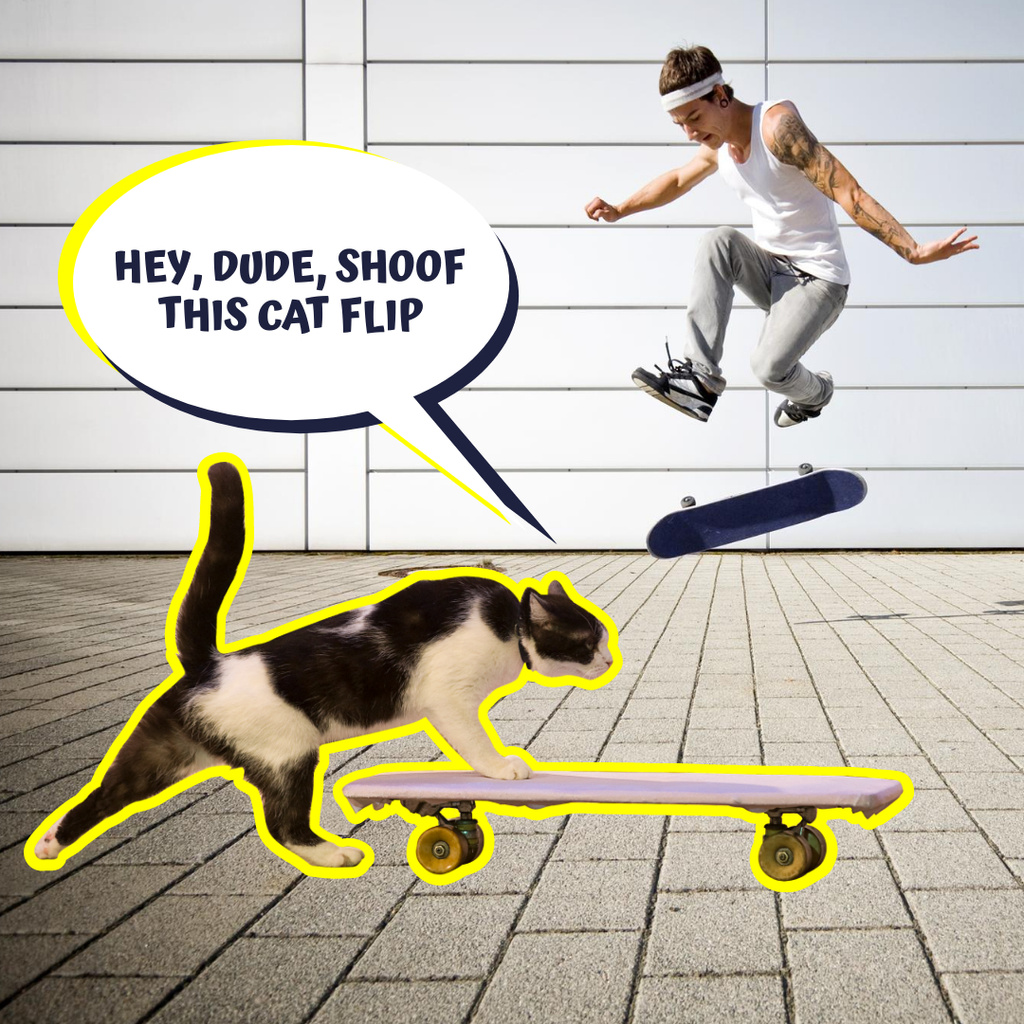 Funny Illustration of Cat on Skateboard Instagram Design Template